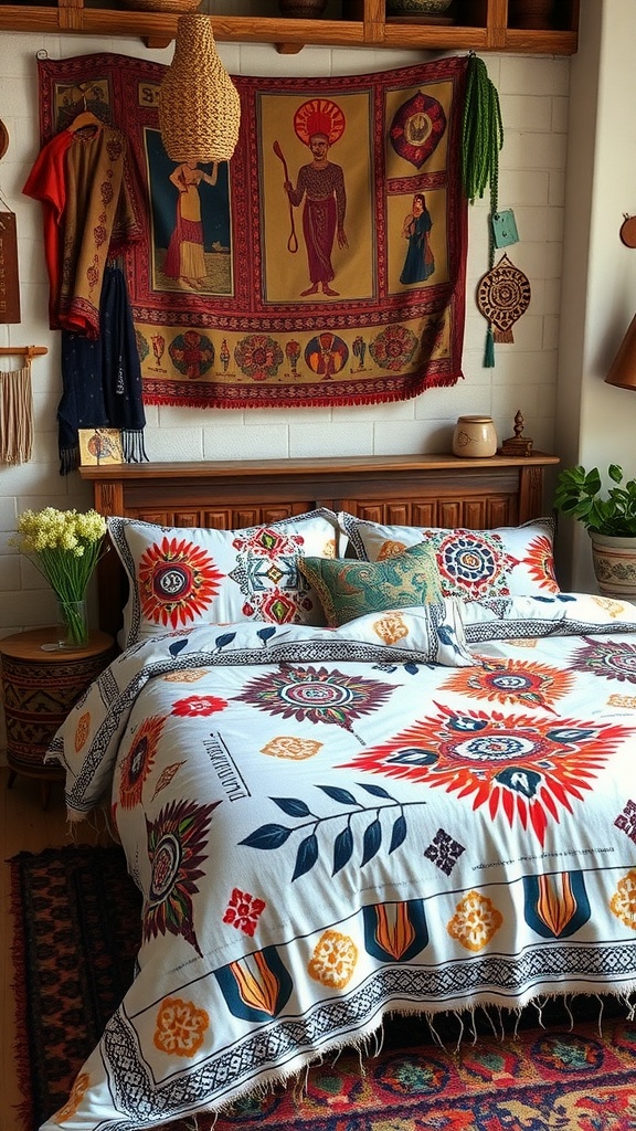 Bohemian bedding set with artistic block prints, colorful floral patterns, and a cozy room setting