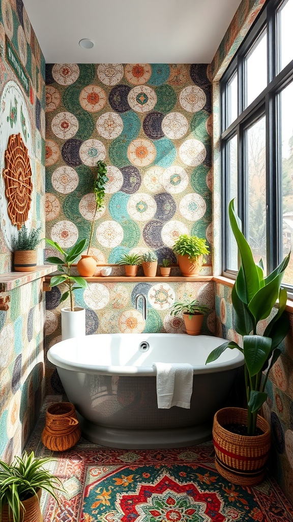 A bohemian bathroom featuring colorful mosaic walls, a freestanding bathtub, and various plants.