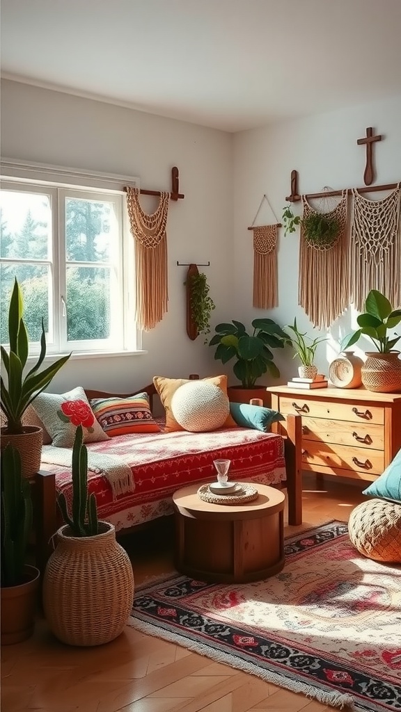 A cozy artistic boho bedroom featuring a colorful bed, plants, and macramé wall hangings.