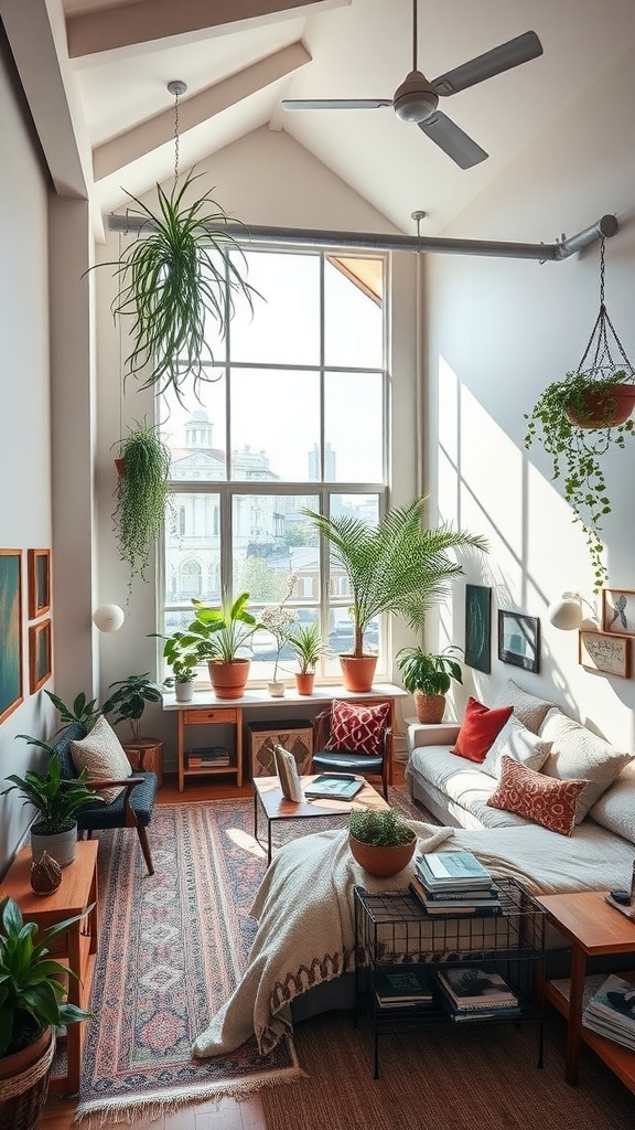 A boho style loft with high ceilings, featuring large windows, plants, a cozy couch, and artistic decor.