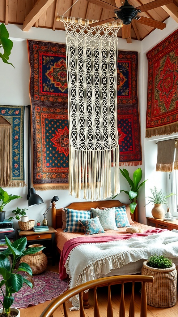 A cozy boho loft bedroom with colorful pillows, patterned tapestries, and a macrame wall hanging.