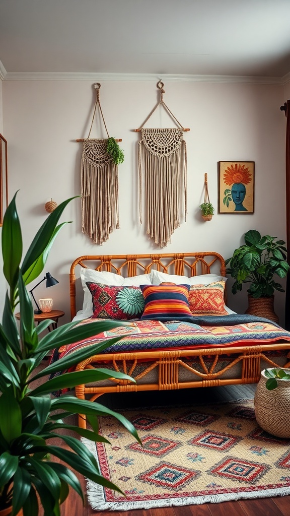 A boho style bedroom featuring a rattan bed, colorful pillows, macramé wall hangings, and indoor plants.