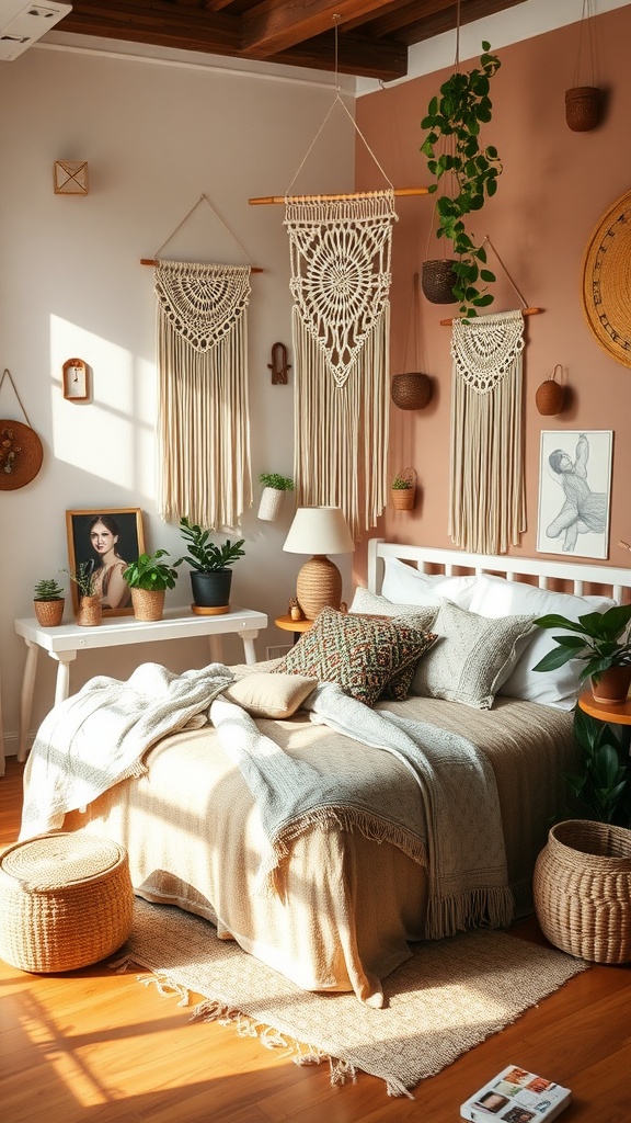 Cozy boho style bedroom with macramé wall hangings, plants, and warm color tones.