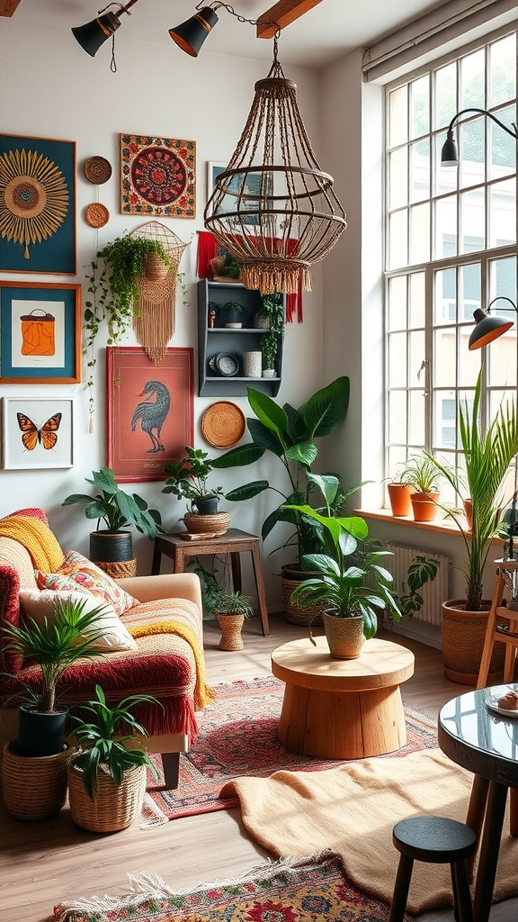 A cozy and vibrant boho-style studio with colorful artwork, plants, and a woven chandelier.