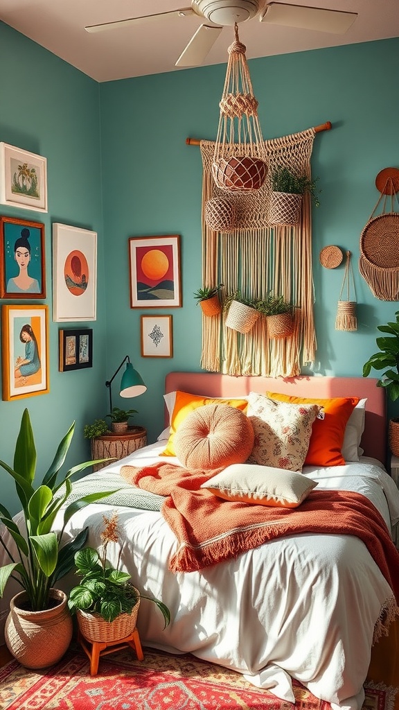 A cozy boho bedroom with teal walls, framed artwork, macramé wall hanging, and lush plants.