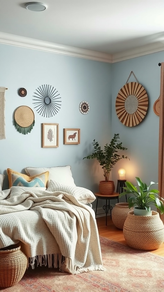 Boho bedroom with light blue walls, cozy bedding, and decorative wall art
