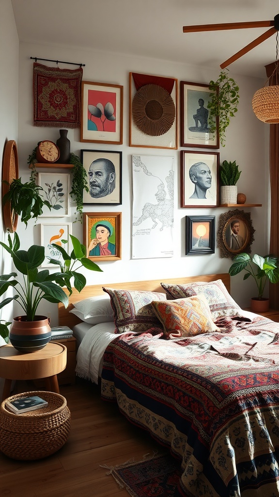 A beautifully decorated Boho style bedroom featuring colorful wall art, cozy textiles, and lush plants.