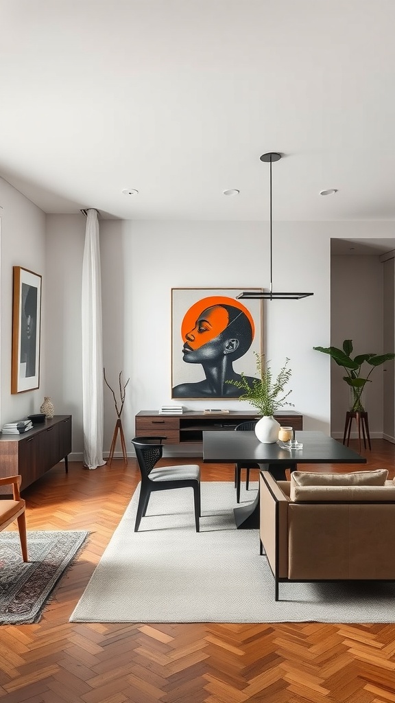 A modern living room dining room combo featuring vibrant artwork and sleek furniture.
