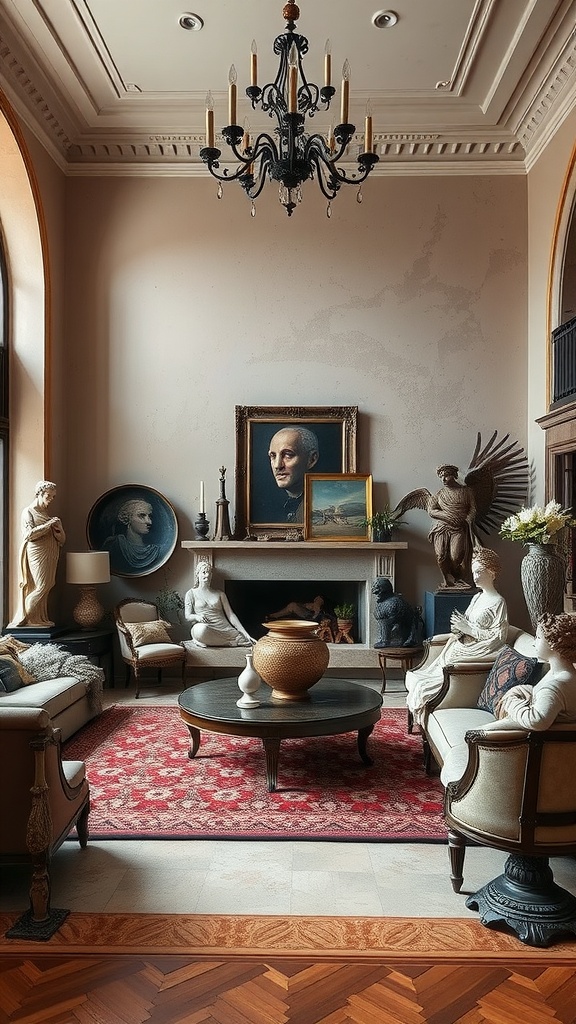 A living room featuring a blend of Mediterranean and Gothic styles with sculptures and elegant furnishings.