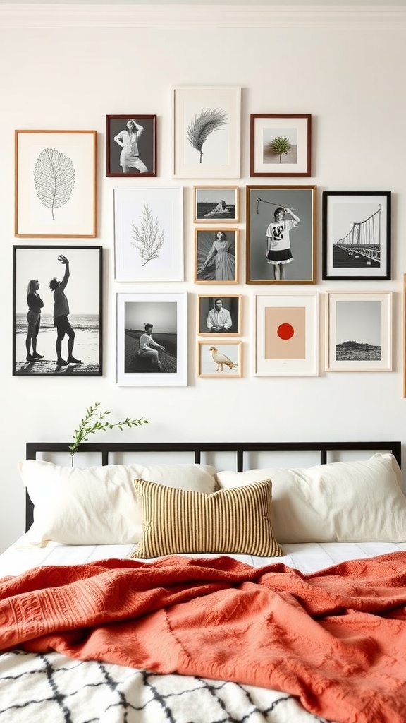 A cozy bedroom featuring a gallery wall with various framed artworks and photographs.