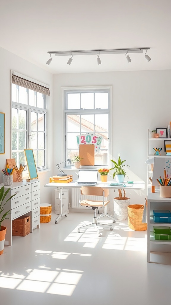 Bright office-craft room with natural light, a desk, and colorful decor.