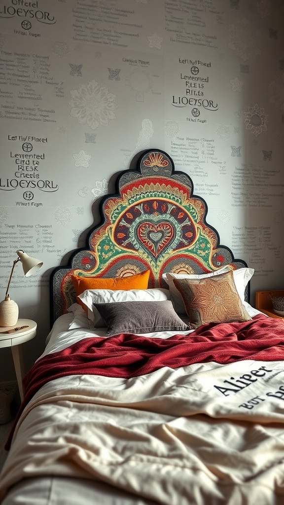 Artistic headboard with vibrant patterns in a boho bedroom setting