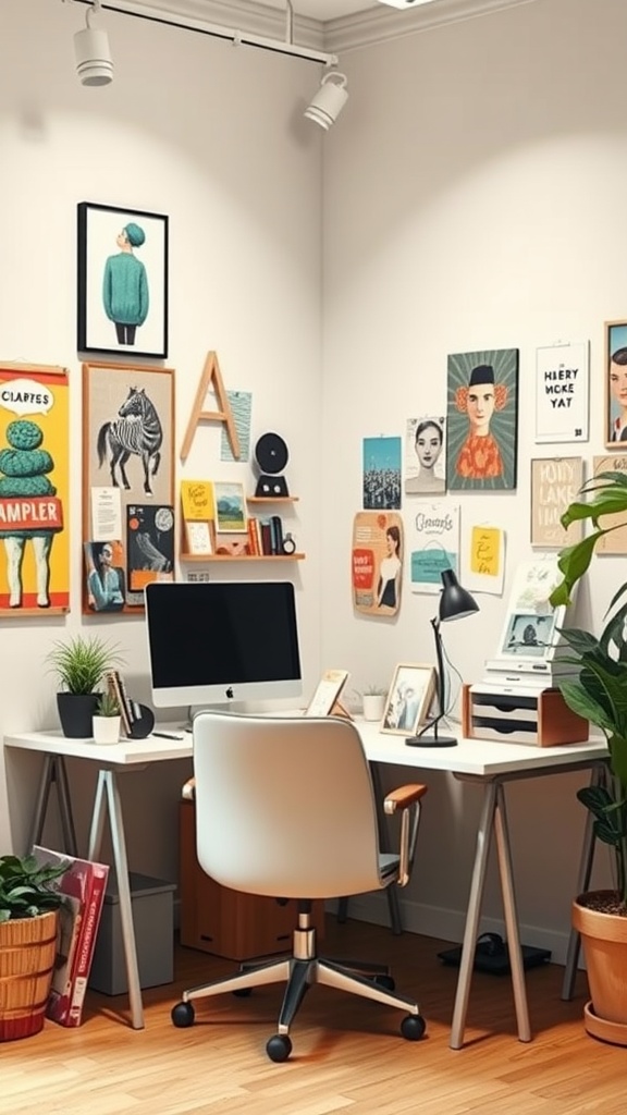 A stylish office corner with colorful artwork, a desk, and plants, showcasing a creative workspace.