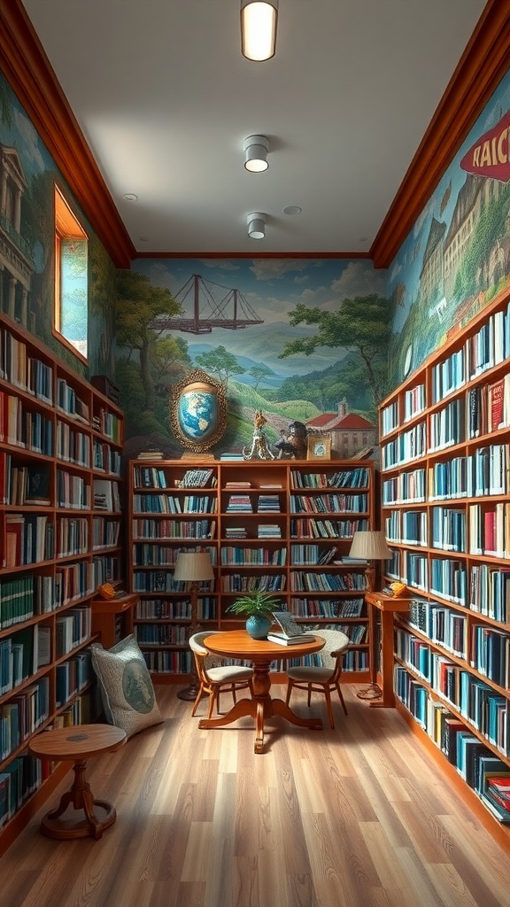 A cozy library featuring a vibrant mural on the wall, surrounded by bookshelves filled with books and a small reading table.