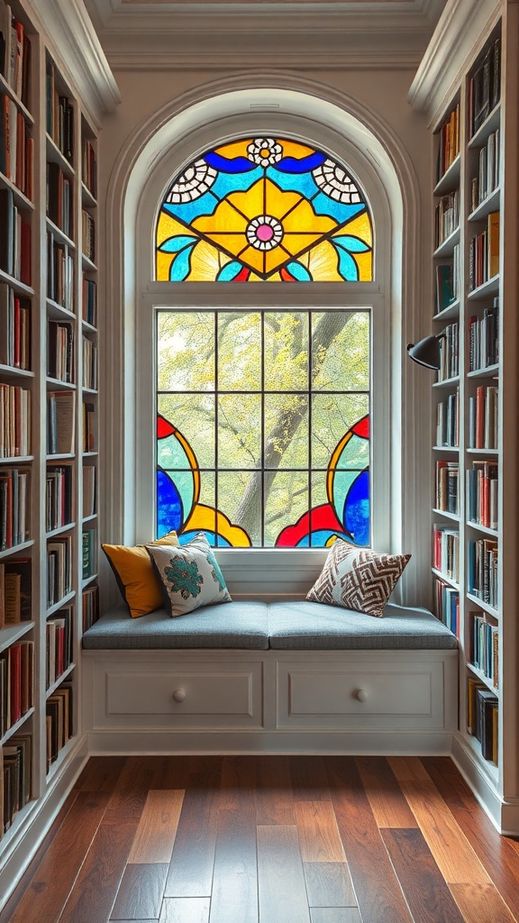 Cozy library with stained glass window and window seat surrounded by bookshelves.