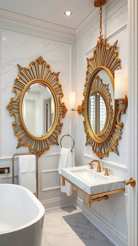 Luxurious bathroom featuring ornate gold-framed mirrors and marble fixtures