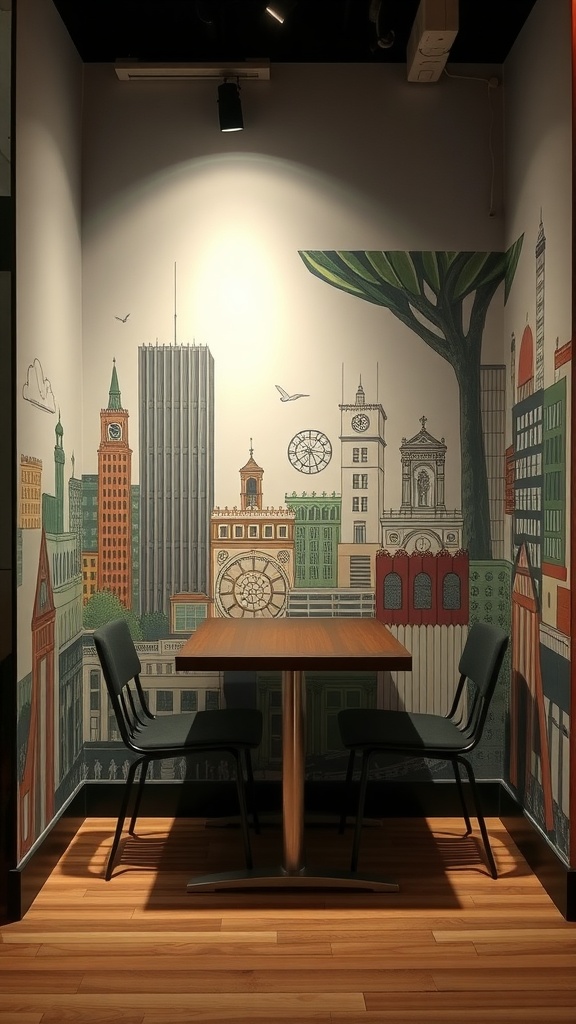 Compact dining nook with artistic city skyline mural and modern furniture.