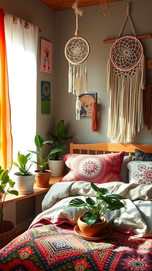 A cozy Boho bedroom featuring dreamcatchers, colorful pillows, plants, and warm lighting.