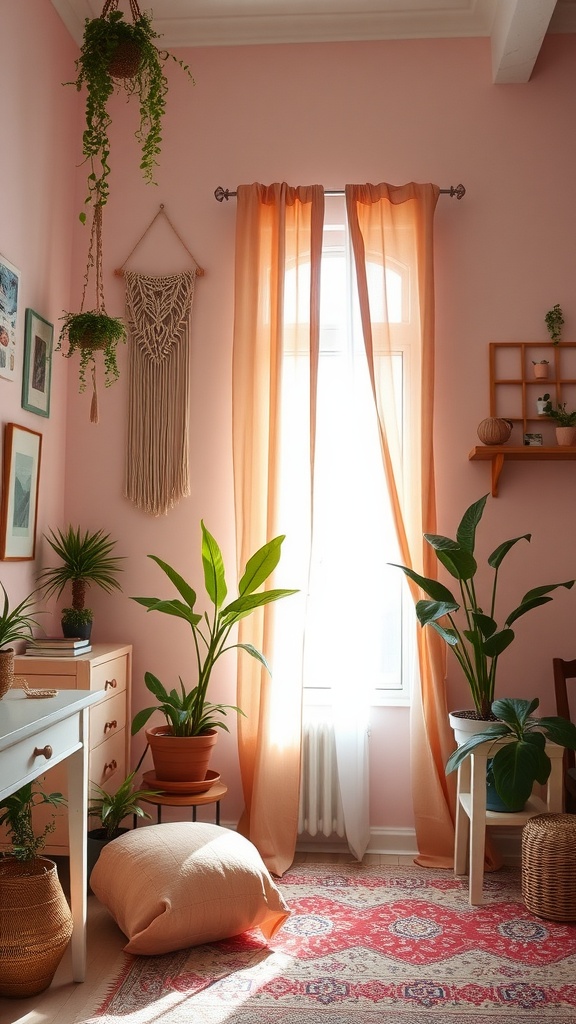 Artistic pink boho studio with plants, pink walls, and cozy decor