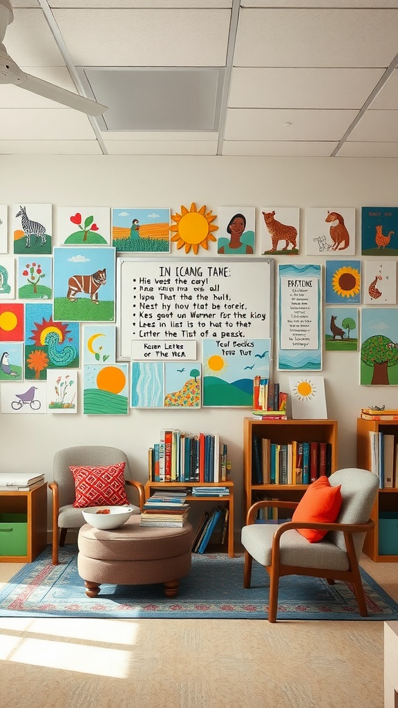 A cozy classroom reading corner with colorful artwork on the walls, comfortable seating, and bookshelves filled with books.