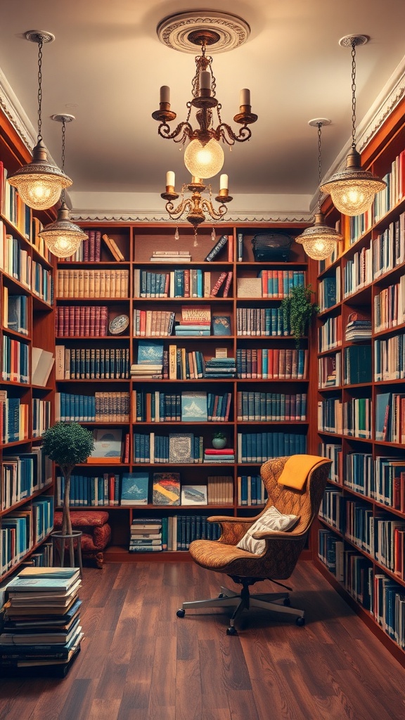 Cozy reading room with unique lighting and bookshelves