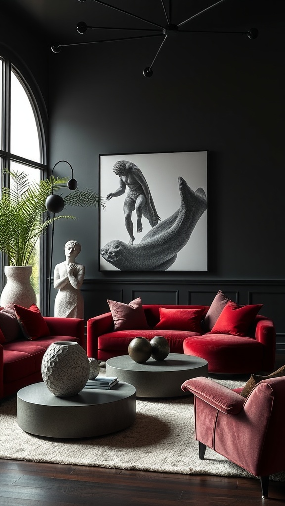A stylish living room featuring red velvet sofas, concrete tables, and a large wall sculpture.
