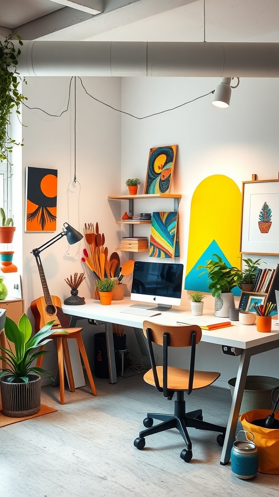 Colorful artistic home office with bright wall art, plants, and a cozy desk setup.