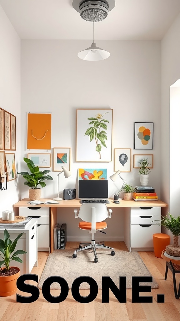 A bright home office with modern design elements including art on the walls, plants, and a wooden desk.