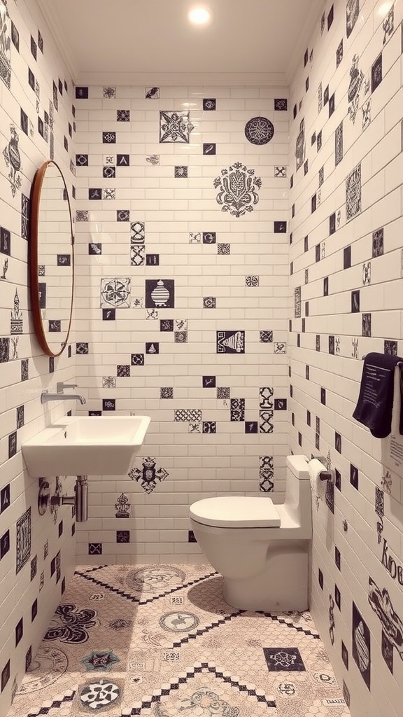 A bathroom with artistic tile arrangements in black and white, featuring various patterned tiles on the walls and floor.