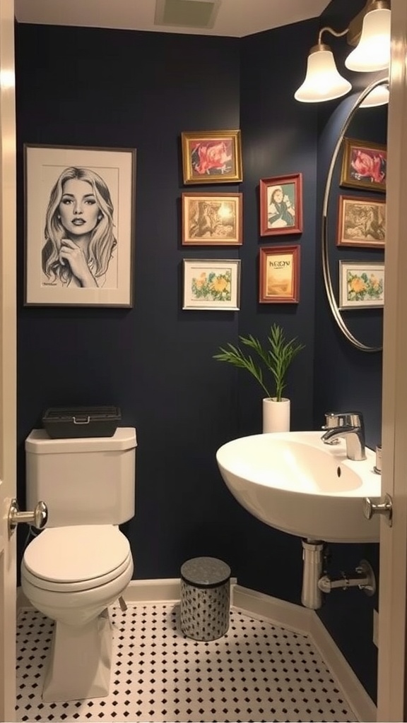 A small bathroom with dark blue walls adorned with framed art pieces, a round mirror, and a plant.