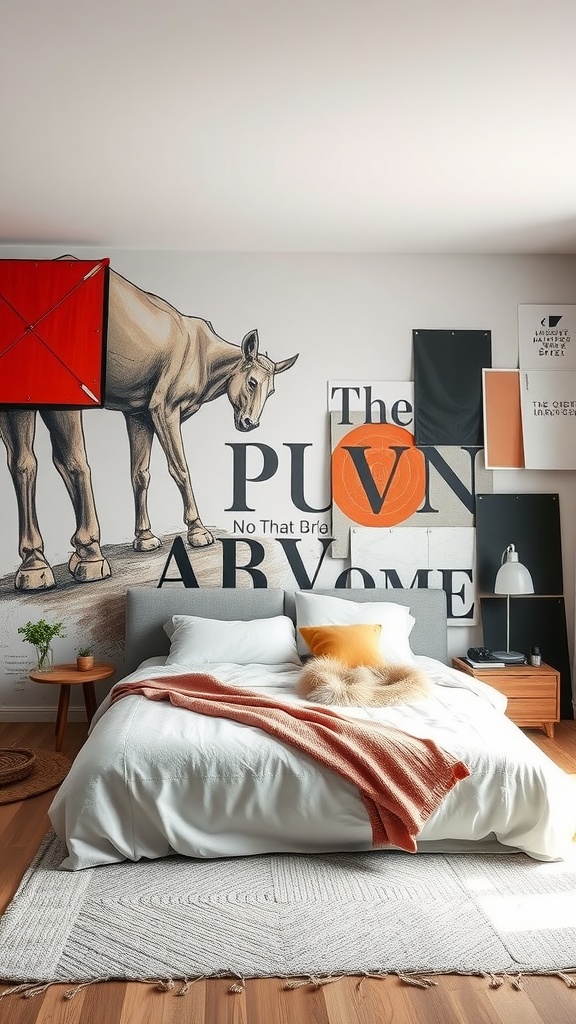 A stylish bedroom featuring an artistic wall mural of a horse, complemented by modern furniture and decor.