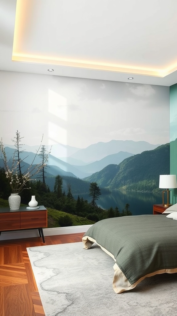 A master bedroom with a mural of mountains and a lake, featuring a cozy bed and modern decor.