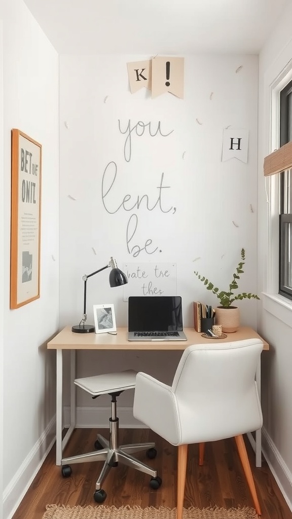 A cozy tiny home office with artistic wall panels and a desk setup.