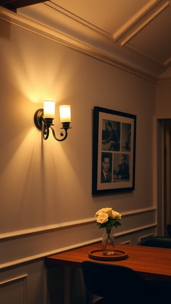 A cozy room with artistic wall sconces illuminating a corner, featuring a table with a vase of roses and framed pictures on the wall.