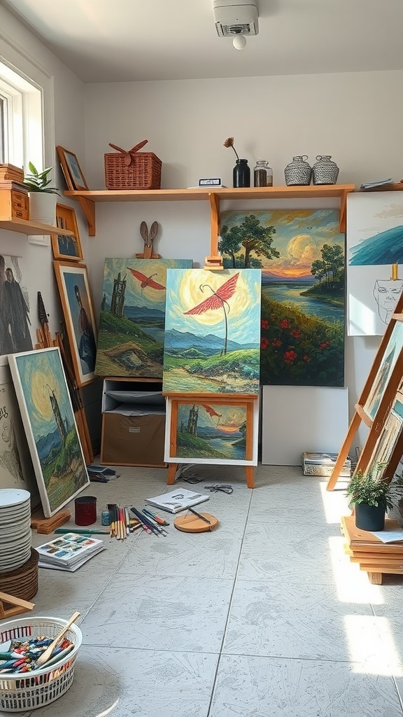 A well-organized artistic workspace featuring paintings and an easel, filled with art supplies and natural light.