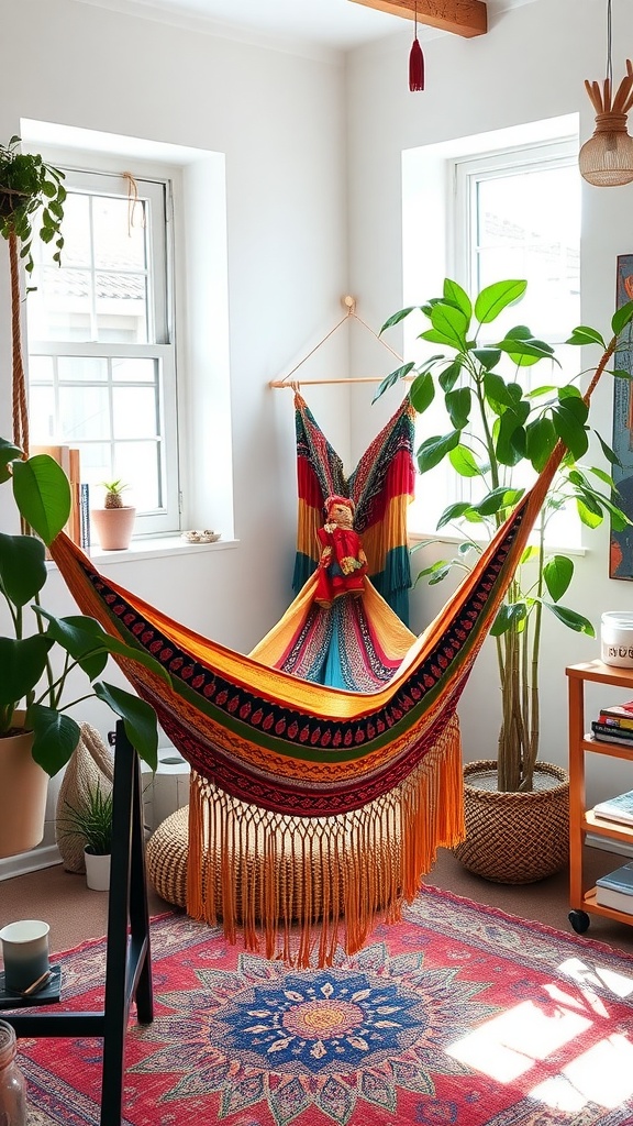 Colorful hammock in a bohemian style bedroom surrounded by plants and warm light.