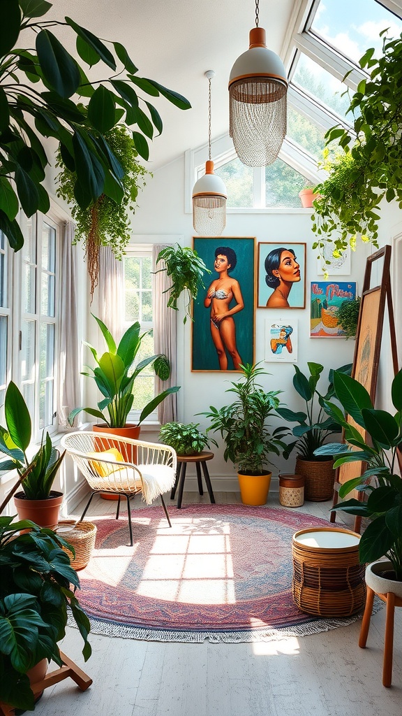 A bright and airy sunroom with plants, artwork, and cozy seating, perfect for an artist's studio.