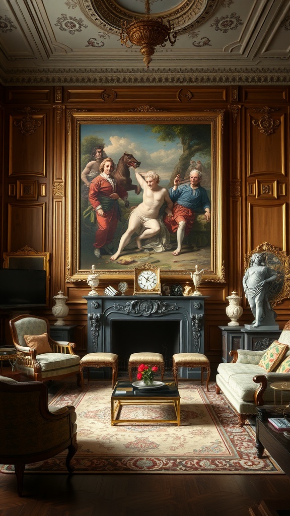 A luxurious living room featuring a large classical painting, ornate furniture, and elegant decor.