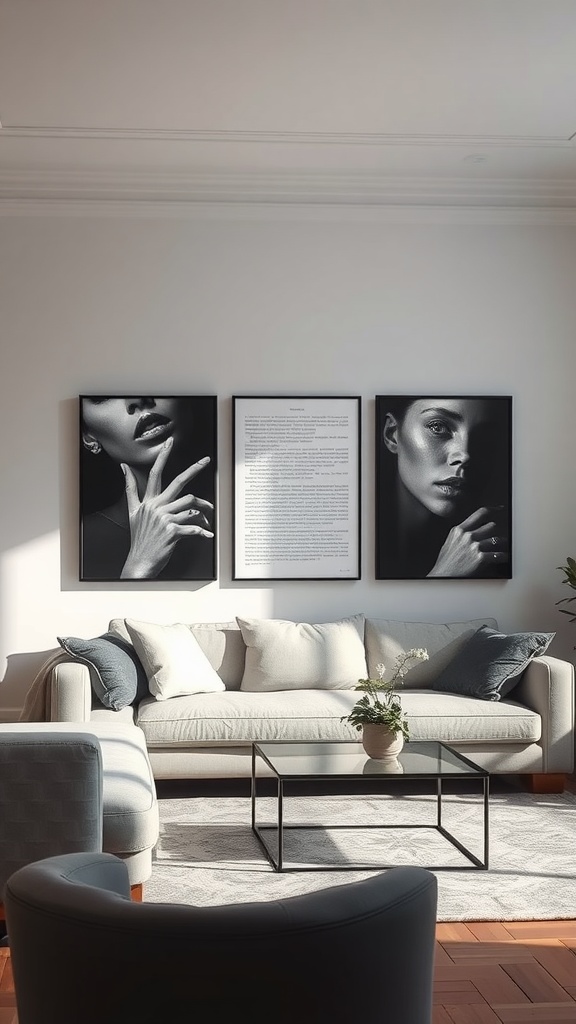 A modern living room featuring gothic-inspired artwork, with a minimalist sofa and elegant decor.