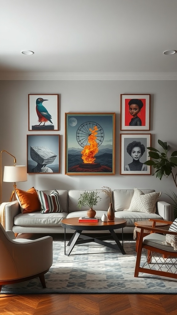 A cozy living room featuring a variety of framed artwork, including vibrant landscapes and portraits, with a comfortable sofa and stylish decor.