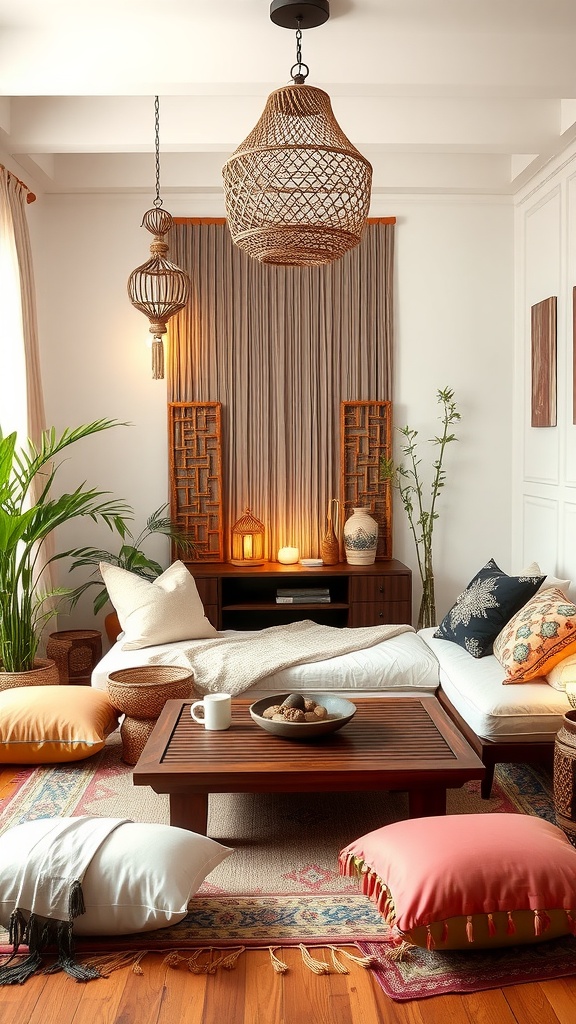 Cozy Asian-inspired boho living area with cushions, wooden table, and warm lighting