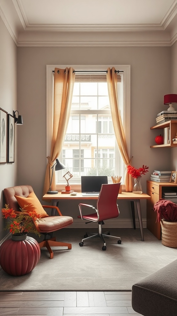 A cozy fall home office design featuring warm color accents and natural light.