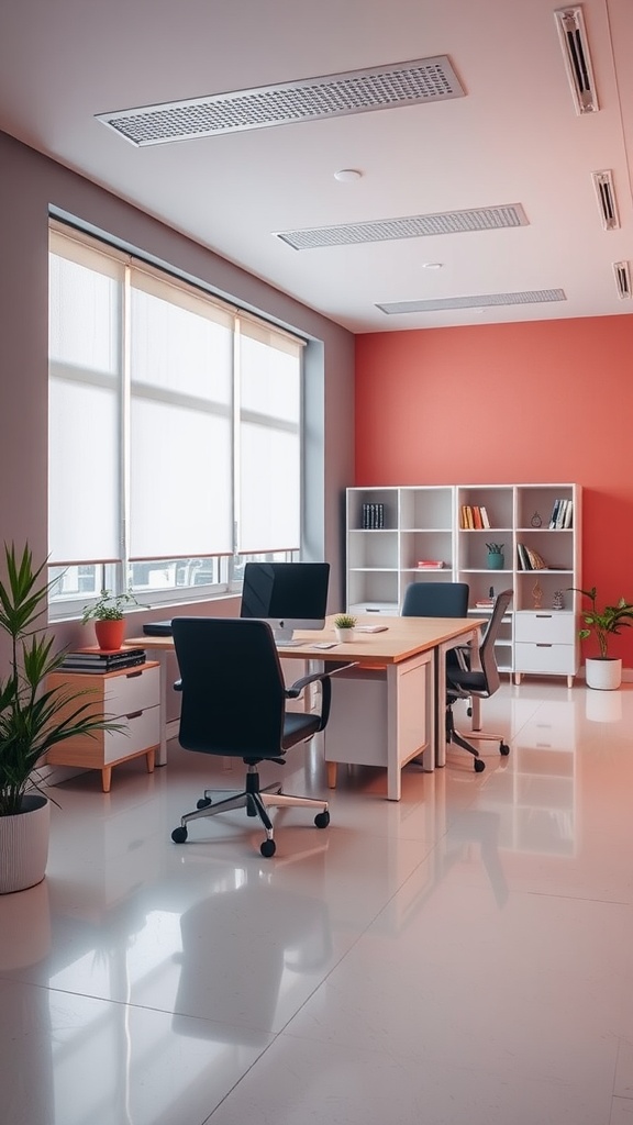 A small office with a balanced color scheme of soft gray walls and a peachy-orange accent wall, featuring plants and modern furniture.