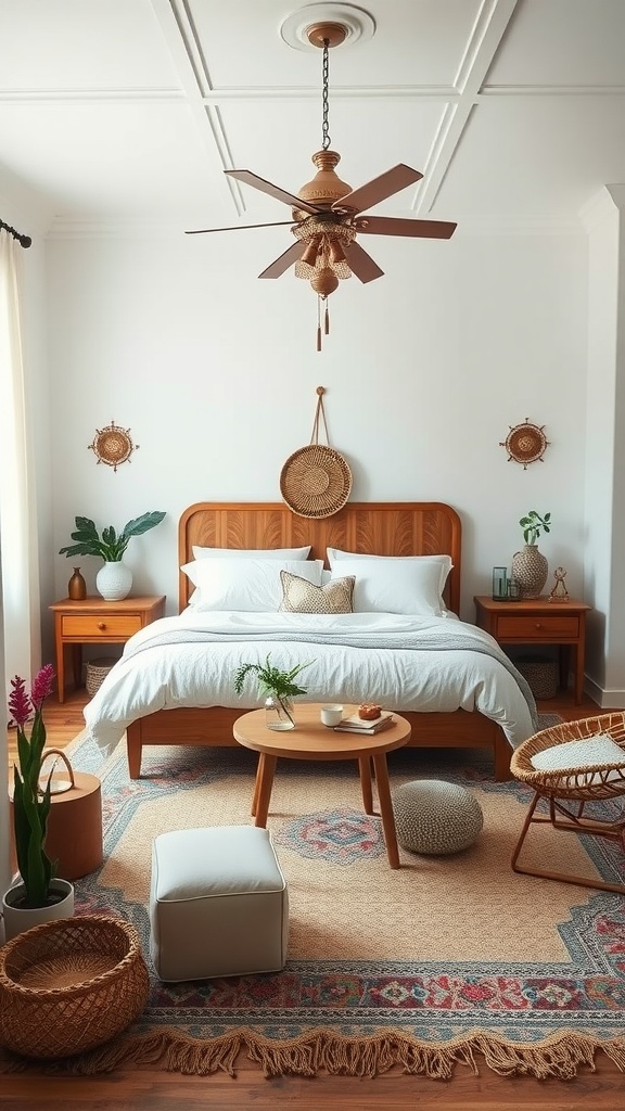 A stylish bohemian bedroom with a wooden bed, matching nightstands, and decorative plants, showcasing balanced symmetry.