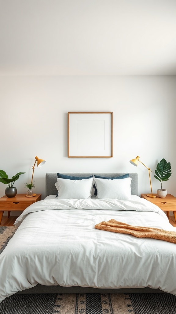 A stylish men’s bedroom featuring symmetrical design elements with matching bedside tables, lamps, and plants.