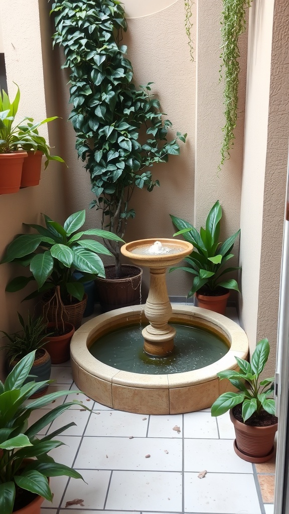 A small balcony featuring a fountain surrounded by potted plants, creating a serene atmosphere.
