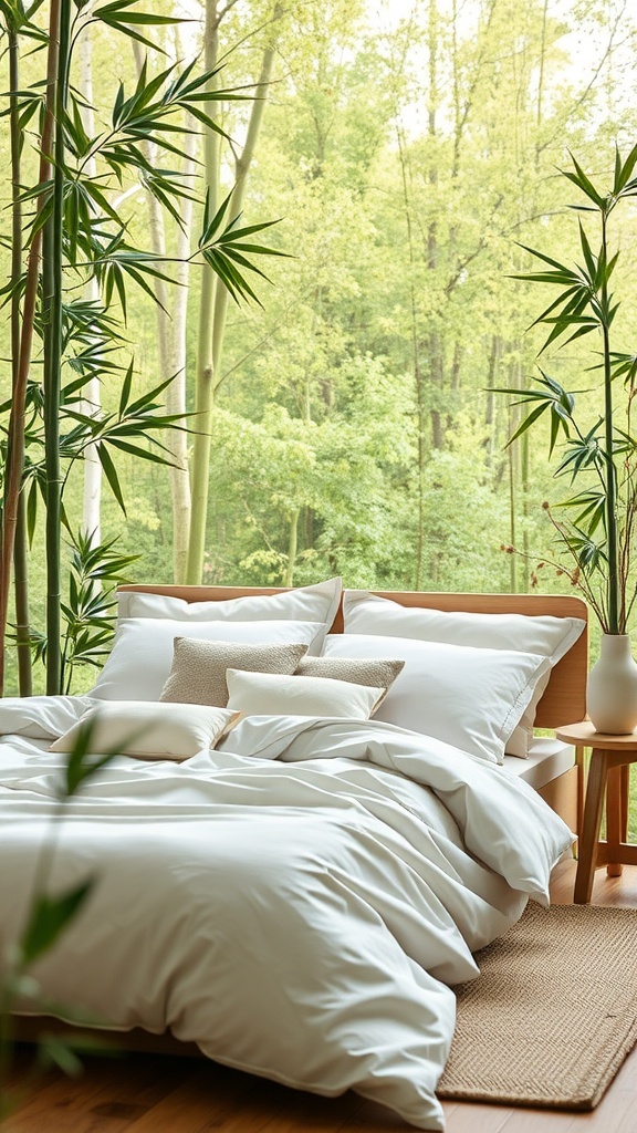 A serene bedroom featuring bamboo plants outside a window, with white bedding and cushions arranged neatly on a wooden bed frame.