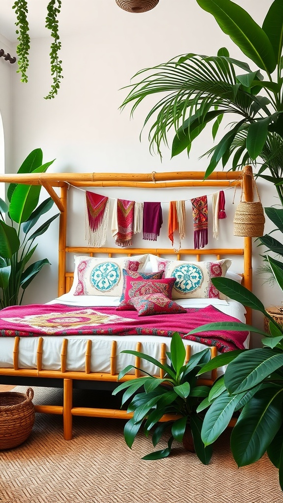 A cozy jungle-themed bedroom featuring a bamboo bed frame, vibrant textiles, and lush greenery.