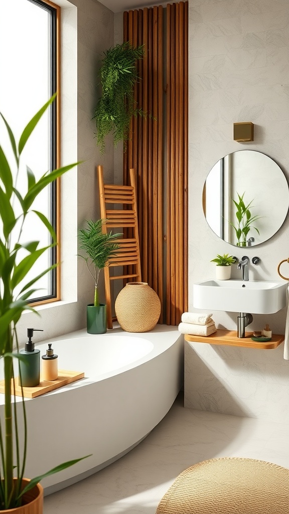 Stylish bathroom featuring bamboo accessories and green plants, creating a natural and calming atmosphere.