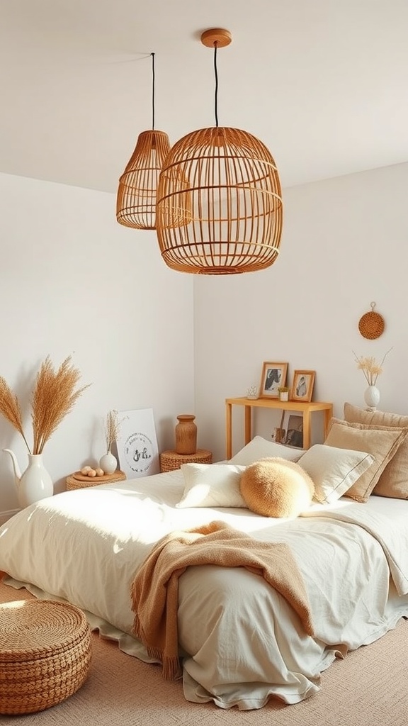 Bamboo light fixtures hanging in a cozy bedroom with soft bedding and earthy tones.